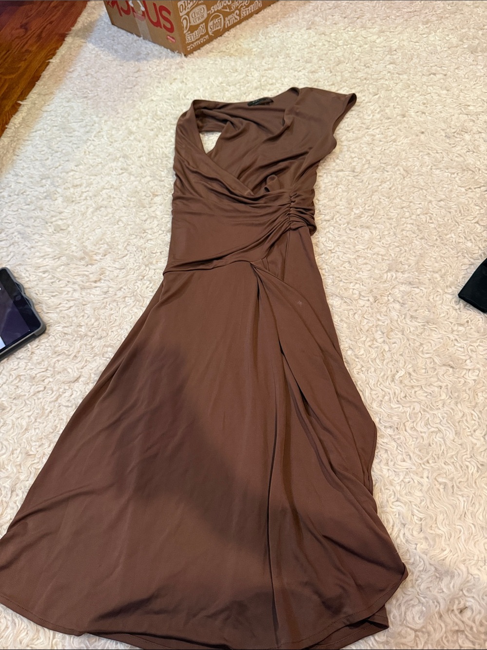 BCBGMaxAzria Brown Ruched Wrap Maxi Dress